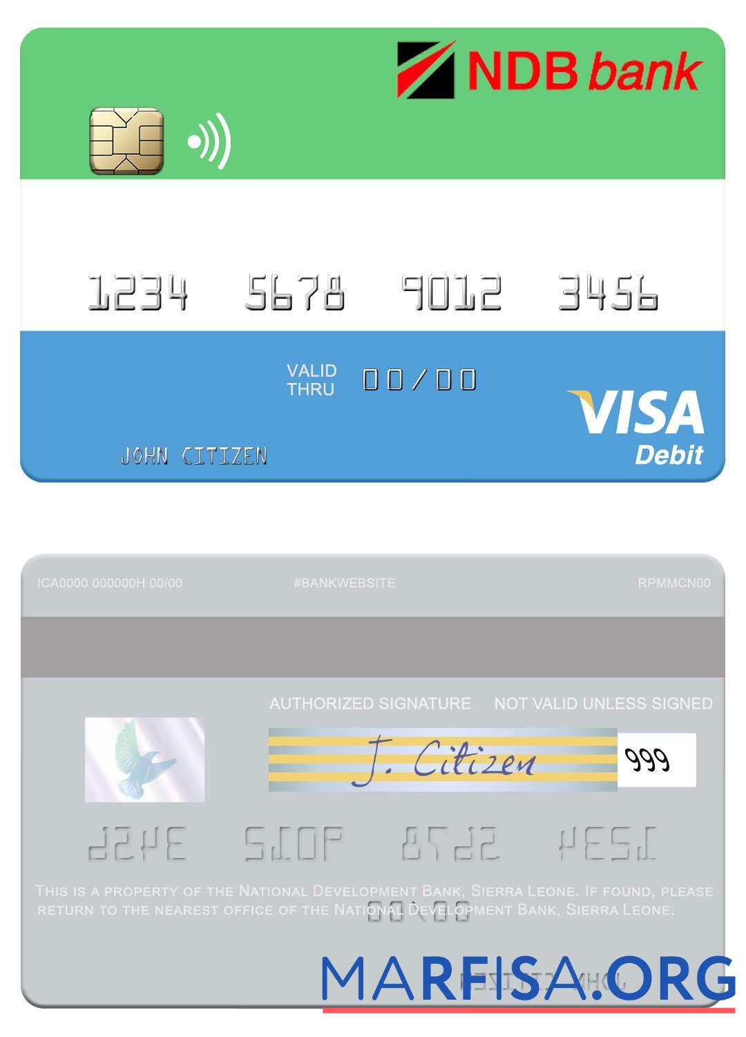 Realistic Sierra Leone National Development Bank visa debit card sample